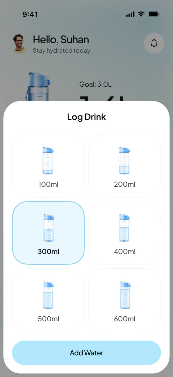Su ekleme penceresi: 100 ile 600&nbsp;ml arasında altı miktar, 300&nbsp;ml seçili.